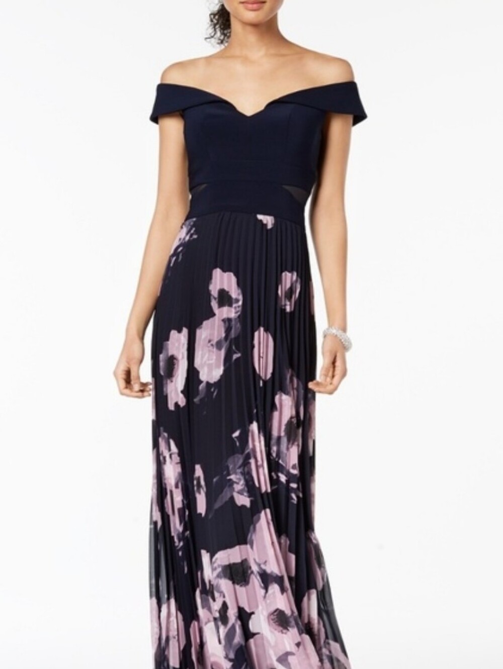 Xscape Pleated Floral Maxi Dress Long Gown Mesh Sides Off Shoulder Formal Blue 6